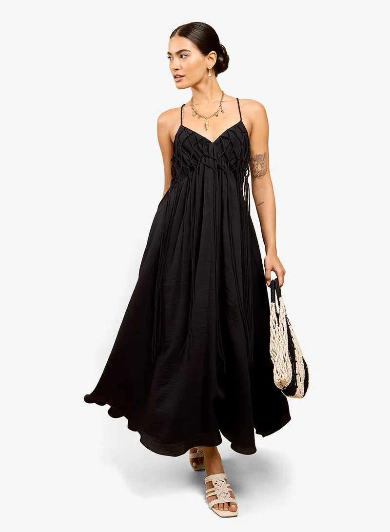 Little Mistress Black Tassel Midi Dress